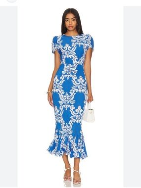 RHODE Lulani Maxi Dress in Batik Grid Blue size 2